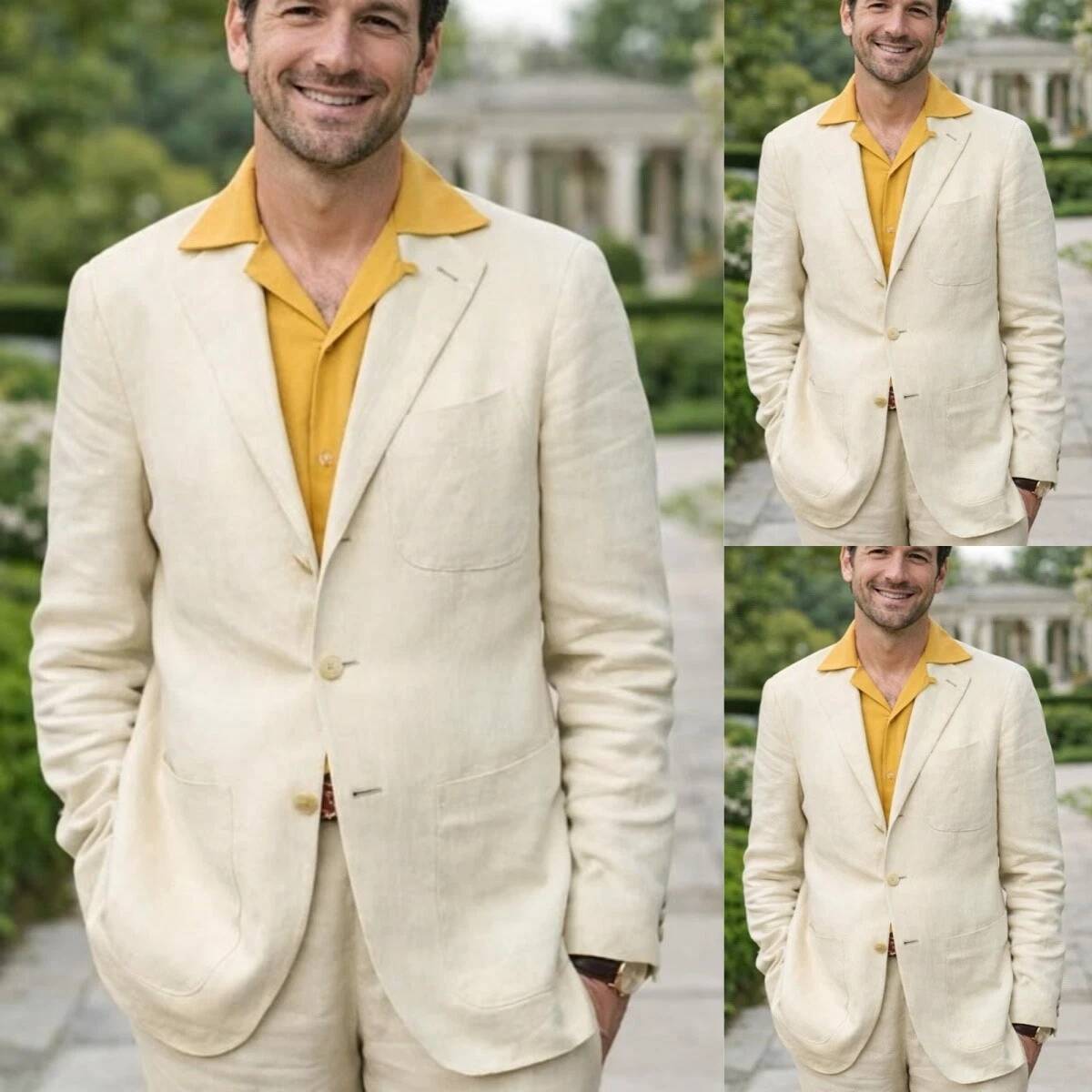 Men'S Relaxed Formal Wear - Traje de Lino Beige de 2
