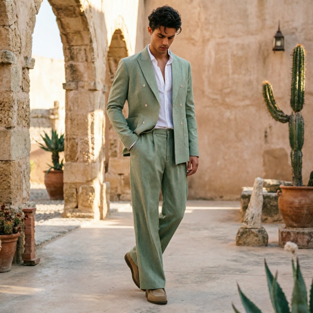Men'S Relaxed Formal Wear - Traje de Lino Verde Salvia para